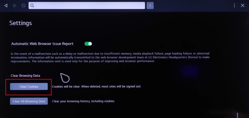 Clear Cache on LG TV - Tap Clear Cookies