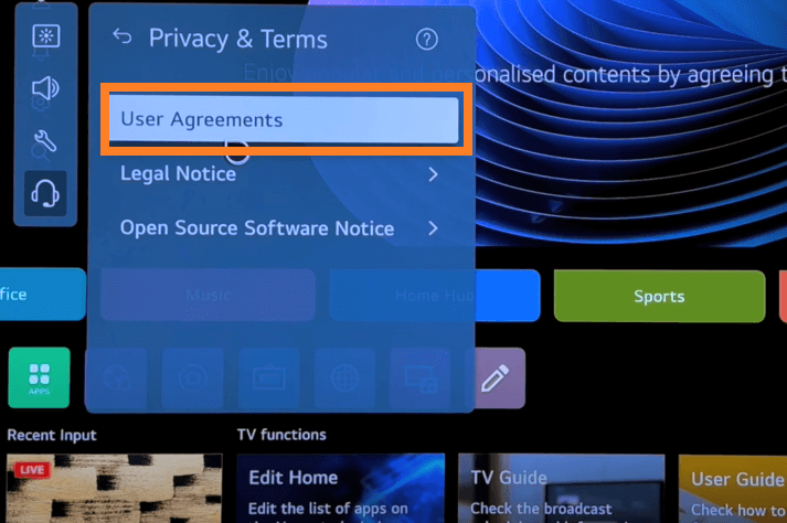 Pick the User Agreements option